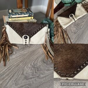 Western JR LeatherWork Cowhide Clutch wristlet Fringe white leather studs concho